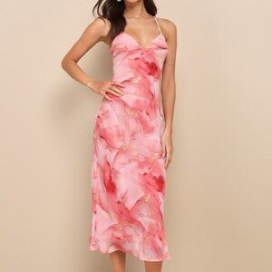Lulus Bright Charm Pink Abstract Print Chiffon Slip Midi Dress - Size M